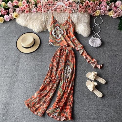 Bohemian ethnic print holiday suspender top 2-piece set high waist pleated wide leg trousers summer