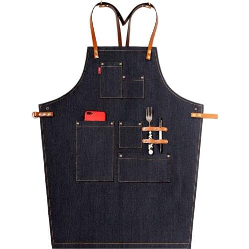 Korean fashion kitchen denim apron coffee shop restaurant nail painting men and women overalls children custom logo