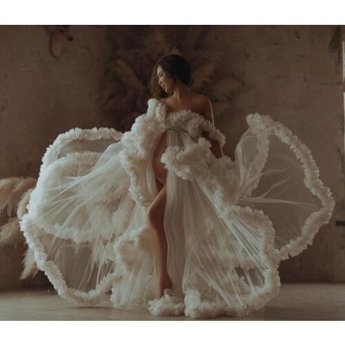 Pretty Ruffles Tulle Long Maternity Robes With Hood Photoshoot Tulle Flounce A-line Women Dresses Formal Event Night Long Gowns