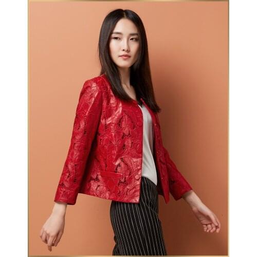 Fashion Women Genuine Leather Jacket Hollow Out Natural Sheepskin Coat For Women Red Real Leather Jackets WYQ3436
