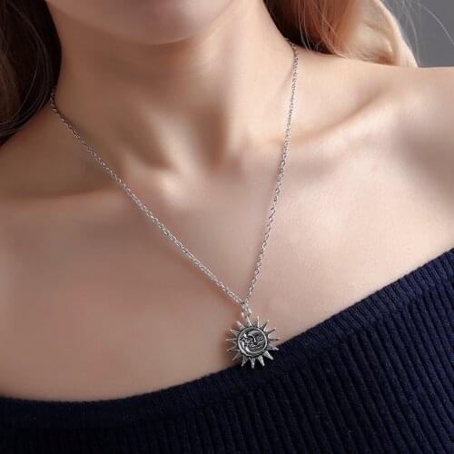 NM024 Retro Trend Personality Sun Pendant Necklace For Women Sun Moon Combination Necklace Metal Jewelry