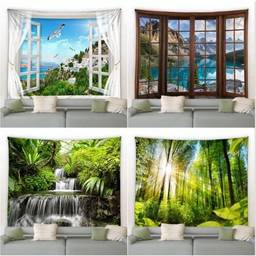 Landscape Large Tapestry Window Forest Scenery Print Boho Room Hippie Wall Hanging Tapestries Bedroom Background Decor Blanket