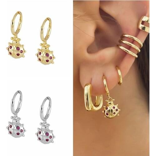 925 Sterling Silver Ear Buckle Cute Insect Hoop Earrings for Women Red Crystal Ladybug Pendant Huggie Earrings Party Jewelry