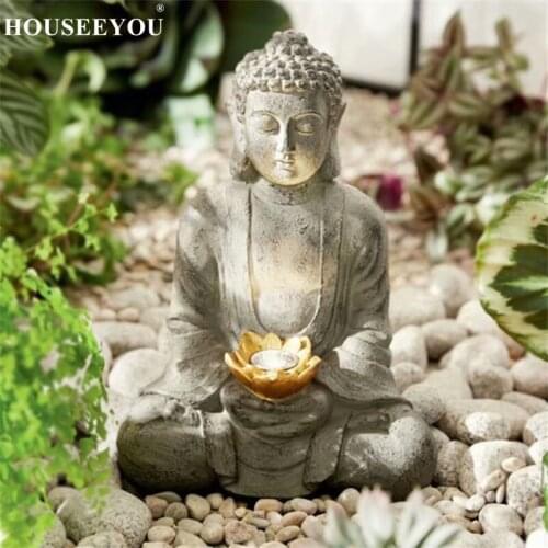 Buddha Statue Solar Light Lamp Garden Ornament Zen Home Figurines with Alloy Metal Lotus Sculpture Balcony Yard Patio Decoration