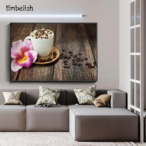 Embelish 1 Pieces Pink Flower And Coffee Store Kitchen Decor Wall Posters For Living Room HD Print On Canvas Home Decor Painting