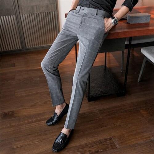 Spring and Autumn Mens Suit Trousers Asia Size 28 29 30 31 32 33 34 36 Dress Pants Men Black and Grey Plaid Leisure Pant