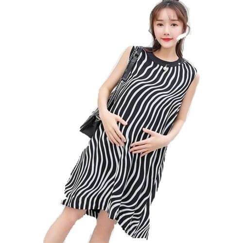 High Quality New Fashion Maternity Summer Dress Fashion Sleeveless Print Silk Dress Loose Plus Size Pregnancy Dresses