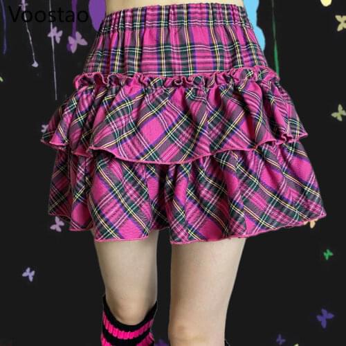 Japanese Harajuku Gothic Lolita Plaid Skirt Women Streetwear Chic Mini Pleated Skirt Cool Girls Y2k Ruffles Party Punk Skirts