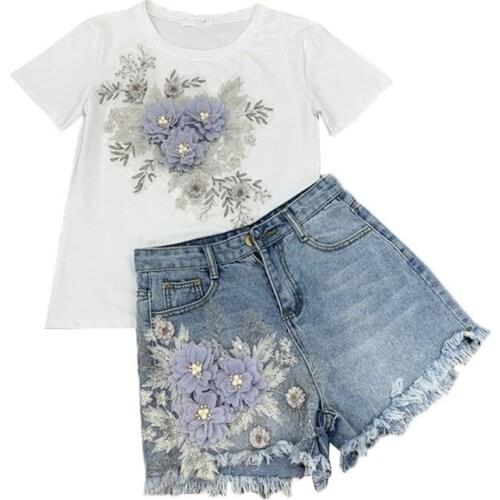 2020 Summer Women Suit New Beaded Flower Short-sleeved T-shirt and Denim Shorts Two-piece Slim Casual Student 2-piece Set AH196
