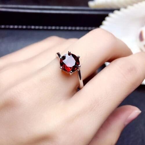 Fashion simple Elegant round Natural red garnet gem ring S925 silver natural gemstone ring girl women party gift fine jewelry