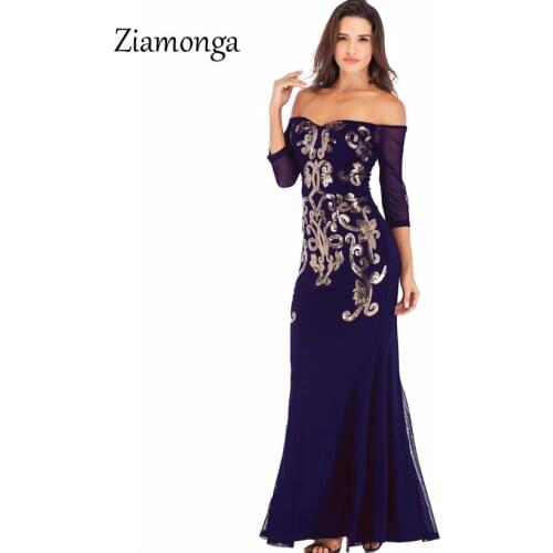 Ziamonga Sexy Off Shoulder Long Mermaid Dress Women Retro Sequin Strapless Party Maxi Dress Mesh Splice Slim Fit Fishtail Dress