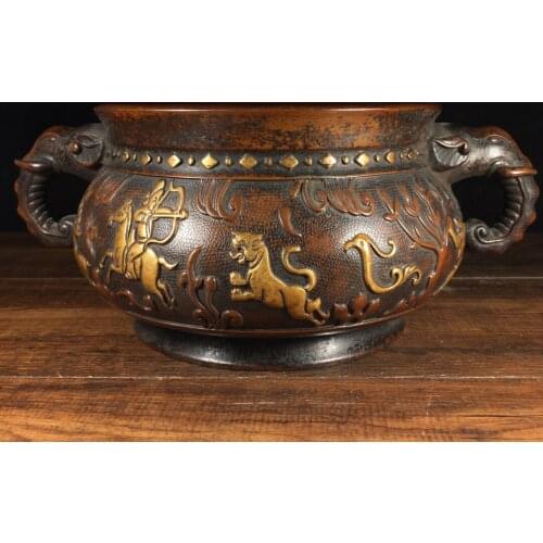 11"Tibet Buddhism Old Bronze Gilt Real gold Cinnabar Elephant Ear incense burner trunk handle Tiger Maid Relief incense burner