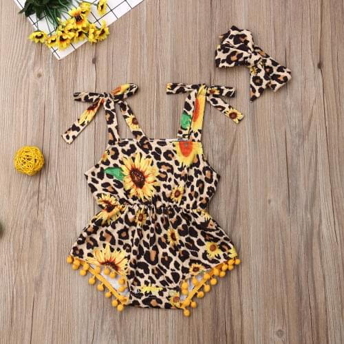 Pudcoco Newborn Baby Girl Clothes Sleeveless Leopard Sunflower Print Strap Tassel Romper Jumpsuit Headband 2Pcs Outfits Clothes