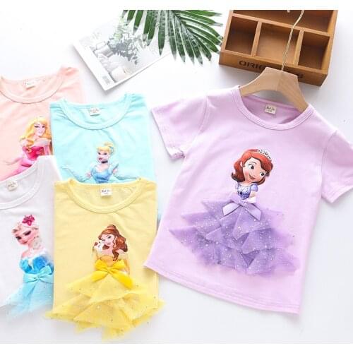 2020 Girl Summer Princess T-Shirt Elsa Childen Cotton Tees Lace T Shirt 3D Sofia Appliques Kid Birthday Top Clothing Shirt