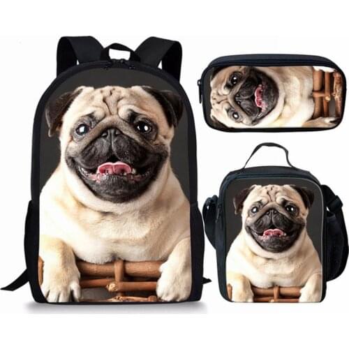 Teenage Girls Boys Book Bags Kids Backpack Cute Puppy Pug Dog Printing 3Pcs Bagpack Children School Bag Student Shoulder Bag