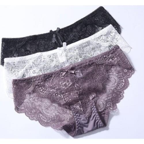 3Pcs/Lot Sexy Lace Underwear Women Transparent Low Waist Panties Cotton Crotch Briefs for Girls Breathable Seamless Lingeries