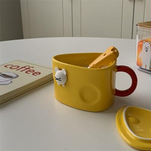 Cutelife Nordic Cute Cheese Yellow Ceramic Mugs Breakfast Tea Milk Coffee Cup With Lid Kitchen Porcelain Funny Couple Gifts Cup
