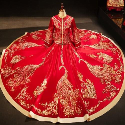 Exquisite Sequins Peacock Embroidery Cheongsam Chinese Elegant Bride Marry Dress Couple Wedding Suit китайская одежда