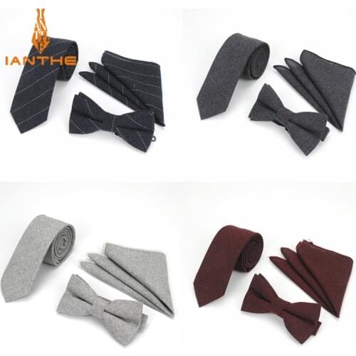 Fashion Ties Bowtie Pocket Square Mens Neck Tie Set Plaid Check 100% Cotton Skinny Slim Narrow Necktie Bow Hankies Sets 3PCS