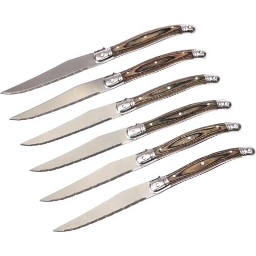 Jaswehome 6pcs/Set Stainless Steel Steak Knife Dinner Cutery Knife Tableware Set Grey Pakkawood Handle Dinner Knives Flatware