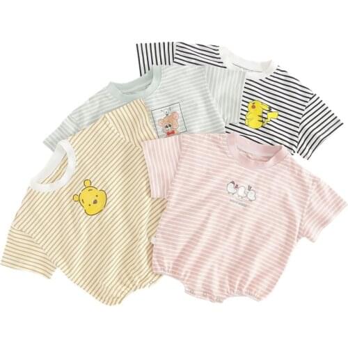 Baby Cartoon Rompers Toddler Girls Boys Short Sleeve One Piece Striped Triangle Jumpsuit Infant Cotton Climbing Playsuits