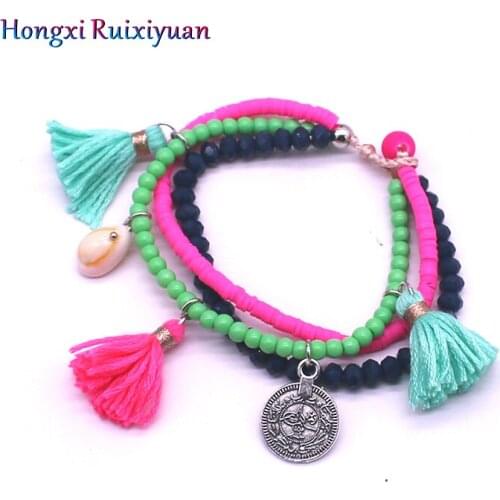 Fashion Bracelet Bohemian Beaded Color 3 Layer Crystal Ladies Bracelet Shell Retro Alloy Tassel Hand-woven Bracelet Jewelry