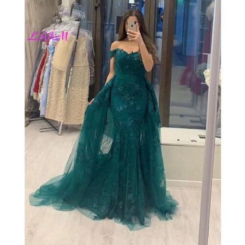 Muslim Evening Dress 2020 Mermaid Lace Beaded Detachable Train Tulle Evening Gowns Off Shoulder Prom Dresses Long