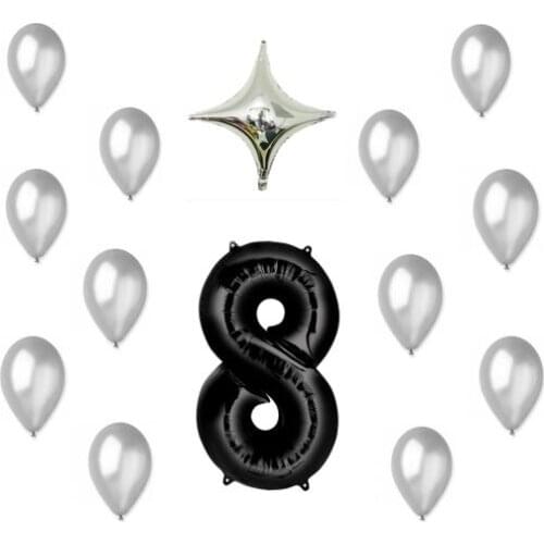 Lot balloons 8 birthday/anniversary 14 balloons 1 balloon 100 cm number 8 Black 12 balloons latex Silver and a Silver Star