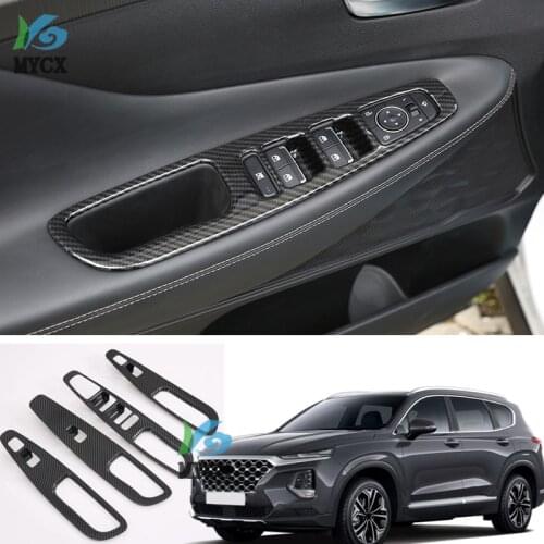 For Hyundai Santa Fe IX45 2019 Carbon Fiber Window Lift Switch Button Cover Trims Door Armrest Panel Frame Interior Accessories