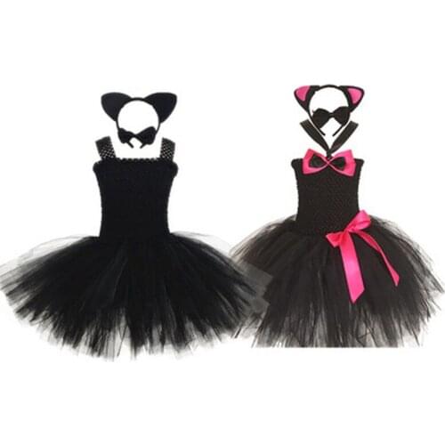 Princess Dress Cosplay Halloween Costume Play Black Cat Tutu Dress Head Tie Tail Girl Tutu Children Hot