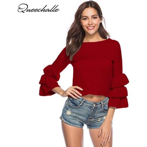 Queechalle Women Sweater 2021 Spring Knitted Sweater And Pullover Female Solid Cake Sleeve Pullover Sweaters Knit Jumpers Top