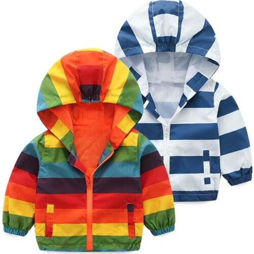 Boys Girls Stripes Rainbow Coat Hooded Sun Water Proof Childrens Jacket for Spring Autumn Kids Clothes Clothing Outwear