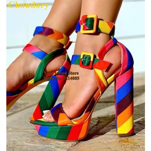 Choudory Rainbow Striped Platform Chunky Heels Ankle Buckle Strap Caged Women Sandals High Heel Pumps Multi-color Dress Shoes