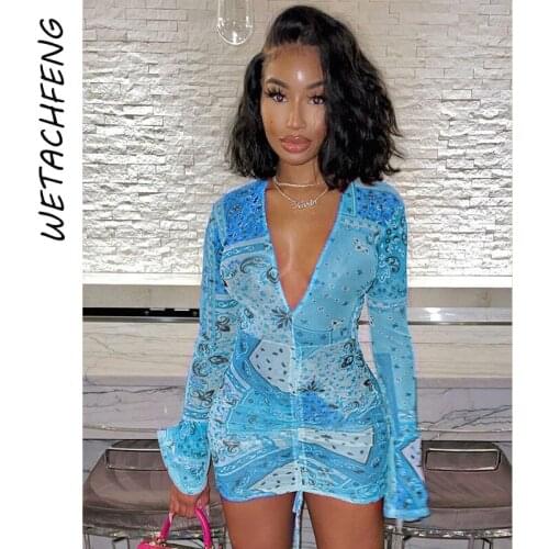 Blue Bandana Bodycon Mesh Dress 2021 Beach Party Mini Sexy Summer V Neck Flard Long Sleeve Dresses Fashion Outfits Women Clothes