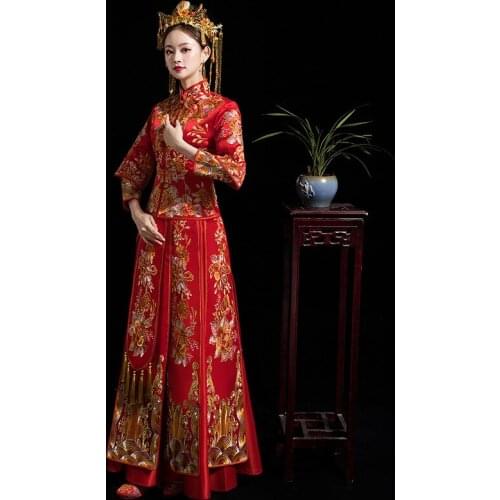 Chinese Traditional Red Wedding Dress Embroidery Bride Couple Banquet Costume Classic Cheongsam China Qipao костюм для восточных