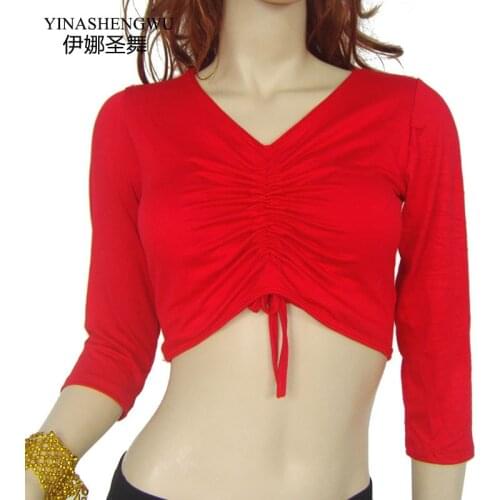 YI NA SHENG WU Smocked Long-sleeved Belly Dance Top, Square Dance Cotton Belly Dance Practice Clothes Top