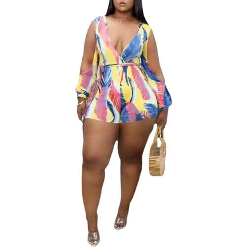 2021 Plus Size Fashion Women Summer Bandage Print Short Jumpsuit Casual Slim V-Neck Beach Rompers Bodycon Sexy Playsuit