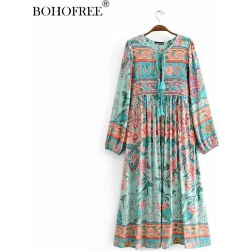 Women Casual 2020 Spring Dress Lady Bohemian Style V-neck Tassel Lace up Floral printed Long Sleeves Maxi Dress Vestido
