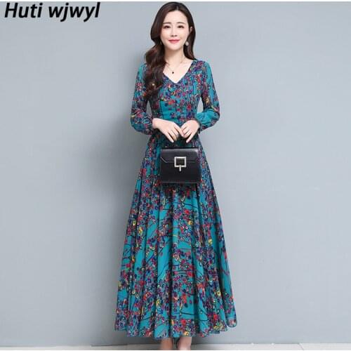2021 Vintage Print Boho Beach Maxi Dress Spring Autumn New Plus Size Floral Chiffon Midi Dress Women Bodycon Party Black Vestido