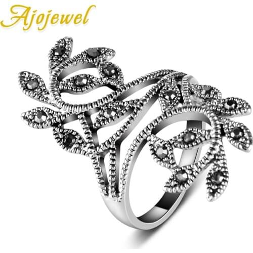 Ajojewel Brand Size 6-9 Hot Sale Zinc Alloy Black CZ Retro Vintage Leaf Ring For Women