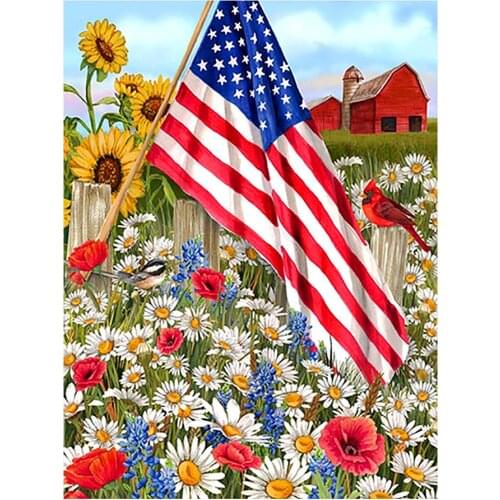 Stars and Stripes Farm Garden Diamond Painting Round Full Drill DIY Mosaic Embroidery 5D Cross Stitch Floral Scenic Pattern