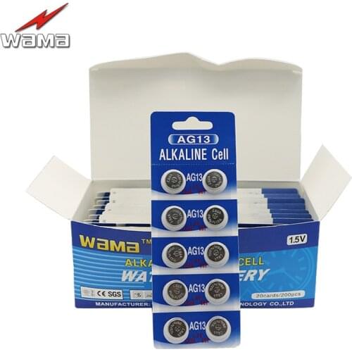 200pcs/lot Wama AG13 1.5V Alkaline Button Cell Battery SR44 L1154 357 A76 Coin Batteries Disposable Calculator Toys