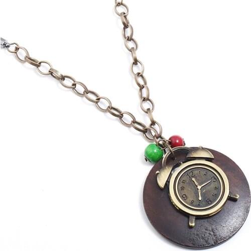 Clock Wood Round Circle Ethnic Gypsy Boho Fashion Long Chain Leather Vintage Pendant Necklaces Women Jewelry Accessories