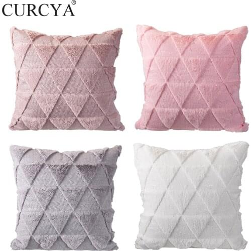 CURCYA Comfortable Soft Polyester Rabbit Hair Triangle Pattern Pillow Covers Sofa Chair Car Decorative Plush Cushion Cases