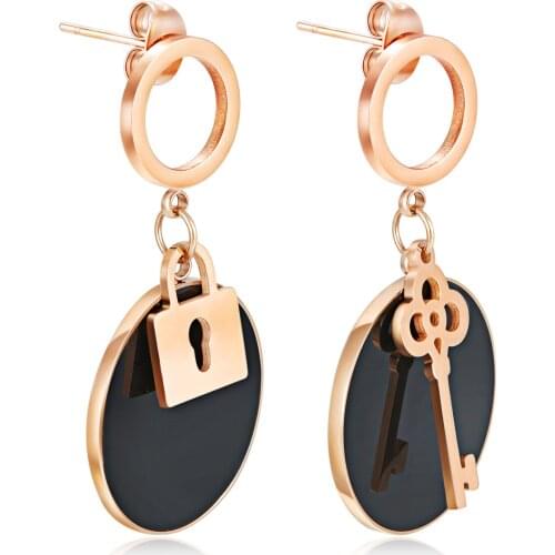 FAMI Korean Simple Round Hoop Earrings LOCK&KEY Fashion Rose Gold Plated Titanium Steel Key Lock Stud Earring