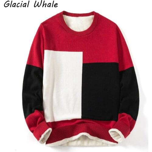 GlacialWhale Mens Knitted Sweater Men 2020 Winter Patchwork Sweaters Pullover Jumper Harajuku Korean Oversized Red Sweater Men