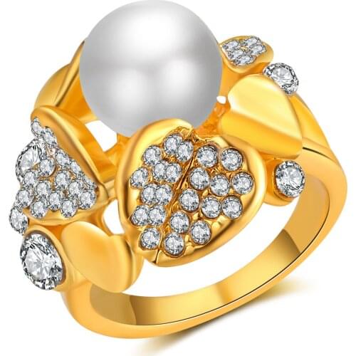 Hot Fashion Jewelry Size 6/7/8/9/10 Womens Yellow Gold Color Pearl Rings Wedding Party Gift R025