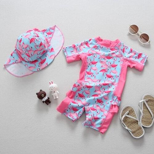 Swimsuit for Girls Childrens Bathing Cartoon Print 2021 Summer Baby Swimwear Long Sleeves UV Toddler Pink Swimming Swim Suit