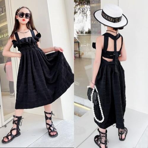 Baby girl fashion halter dress 2021 summer new style French retro middle-aged childrens casual strap dress childrens clothes