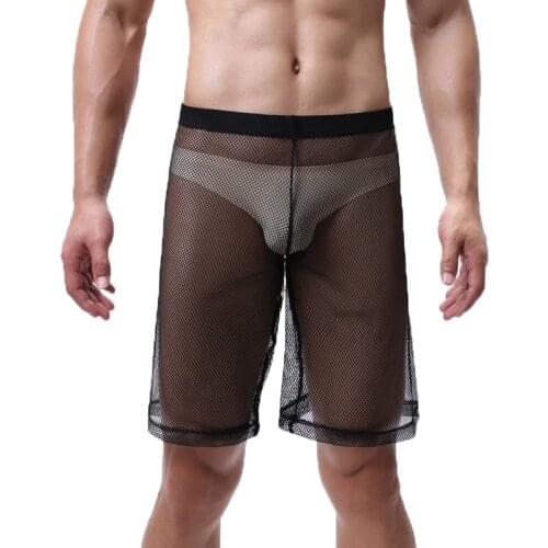 Mens Sleep Bottoms Mesh Transparent Casual Loose Fishnet Shorts Sheer Lingerie Pantalon Erotic Gay Sleepwear Slip Pyjamas Pants